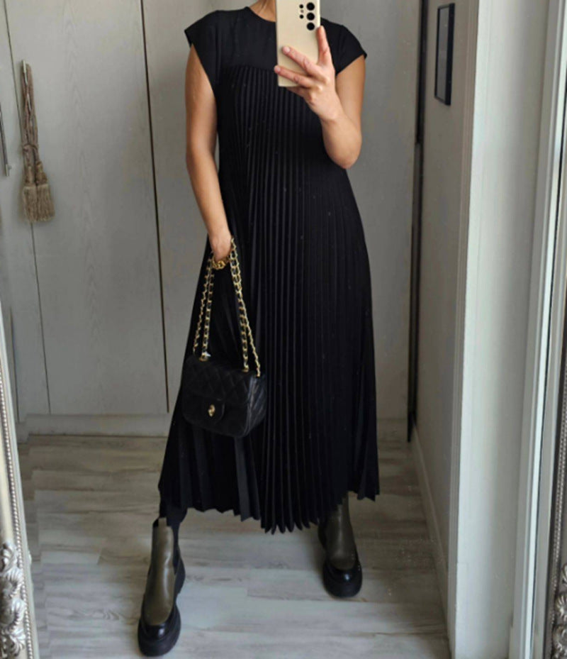 Robe longue plissée à manches courtes et col rond pour femme