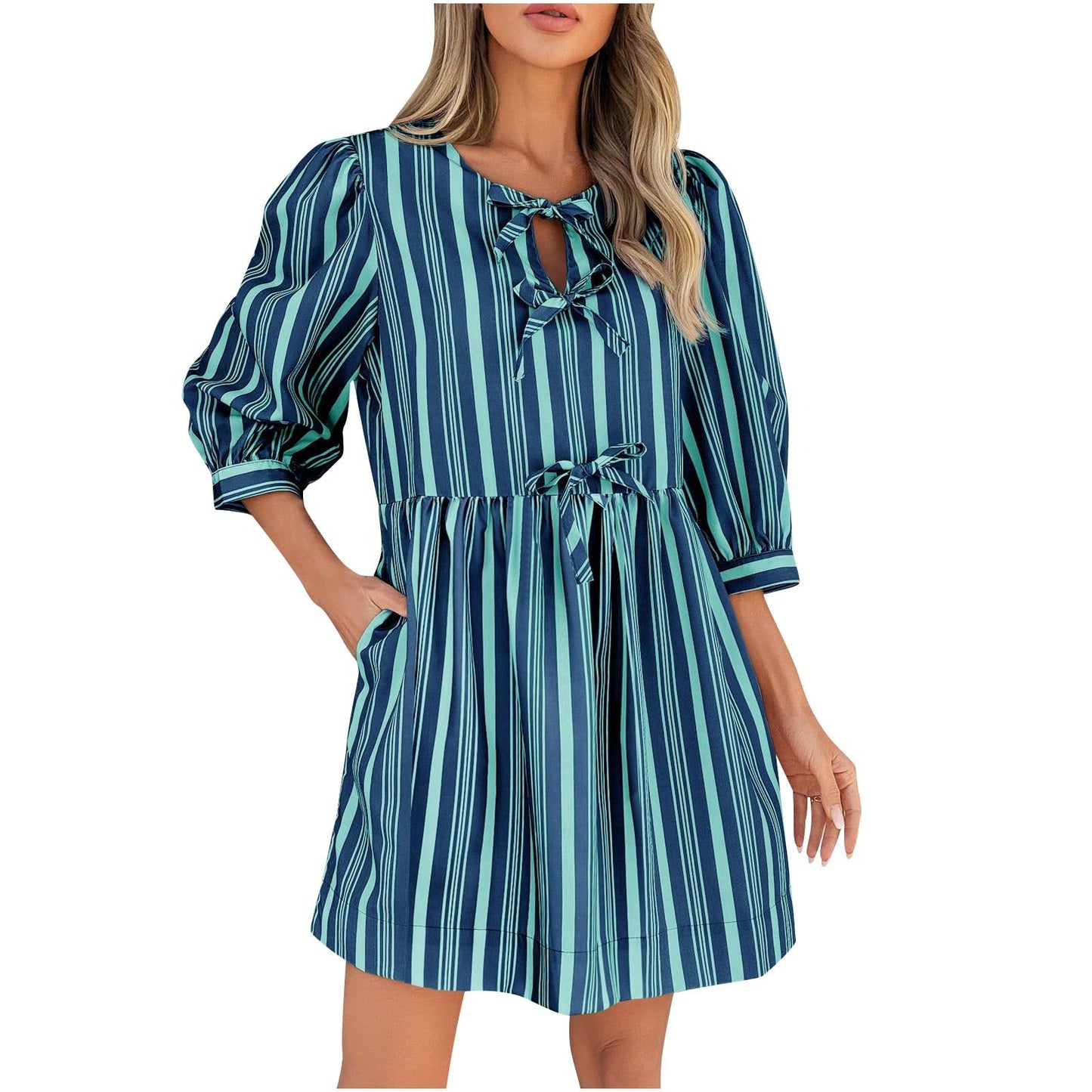 Comfort Lace-up Bow Three-quarter Sleeve Striped Dress