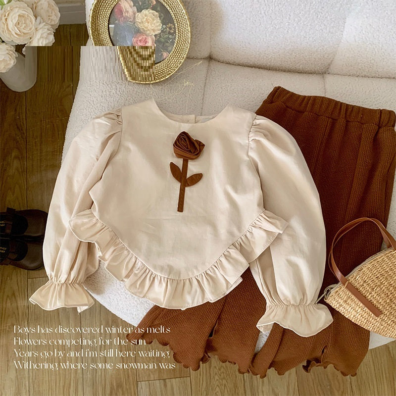 Girls Spring And Autumn Retro Shirt Flared Pants Suit
