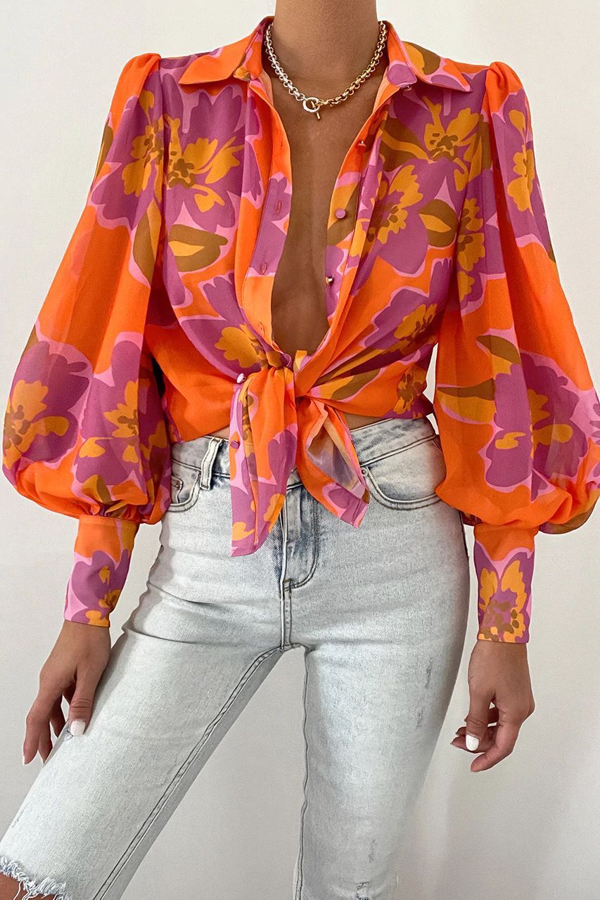 Long Sleeve Lapel Cardigan Single-breasted Solid Color Half-length Lantern Sleeve Temperament Commute Red Shirt