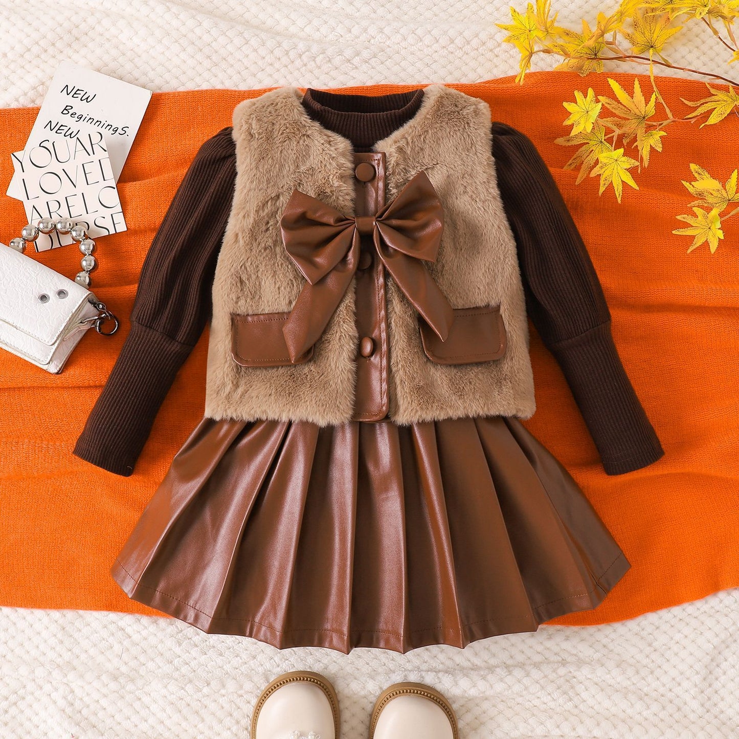 Three-piece Set Of Long-sleeve Base PU Leather Skirt