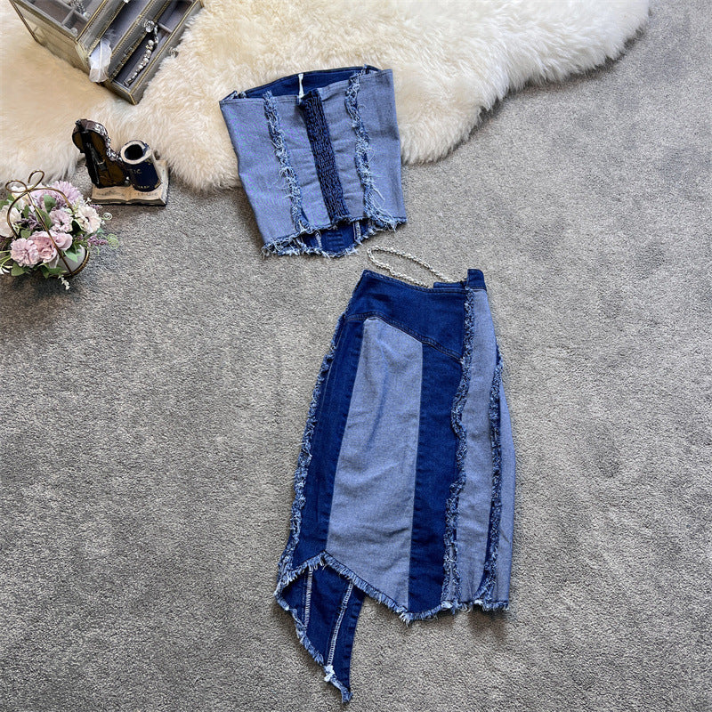 Ensemble jupe courte irrégulière en denim Desire Pure Wind avec haut tube et taille haute