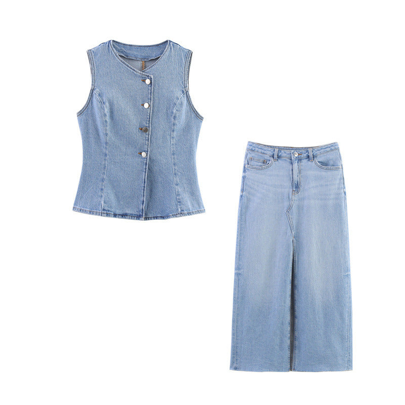 Solid Color Denim Vest Midi Skirt Denim Skirt
