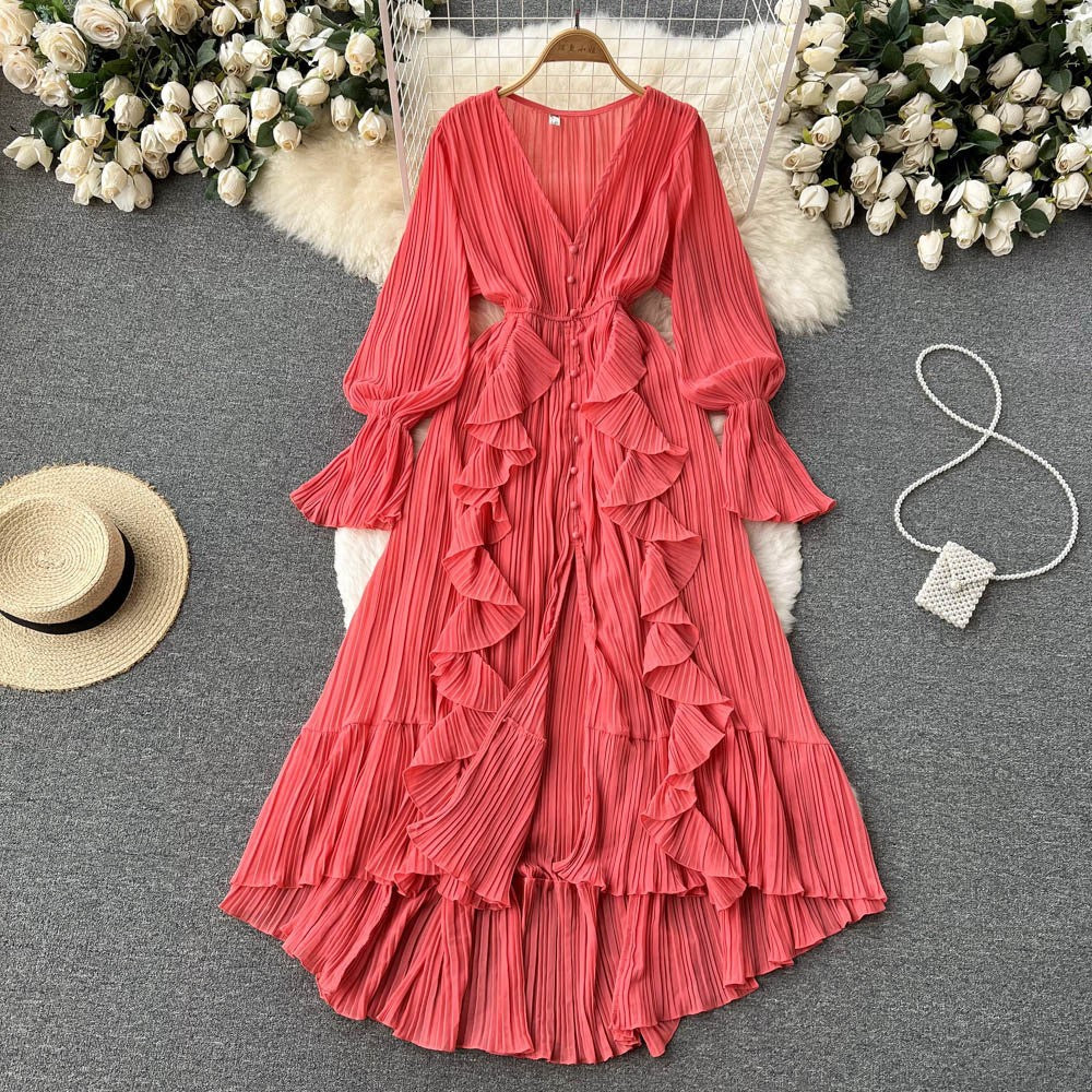Fashion Solid Color And V-neck Ruffled Flared Sleeve Dress