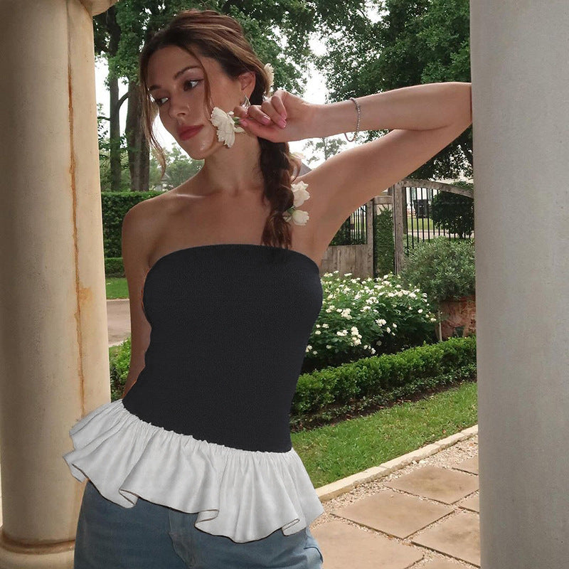 Contrast Color Bandeau Slim-fit Patchwork Ruffled Women Clothing Top