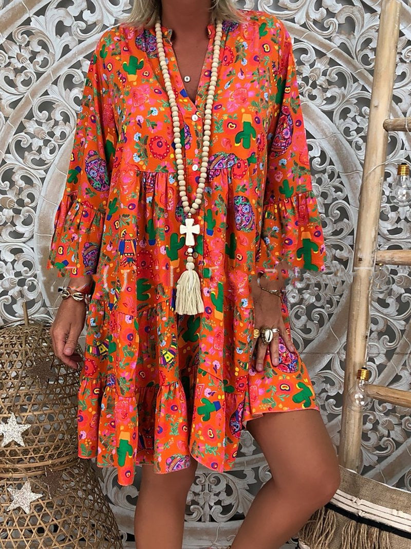 Women's printed button Ruffle shirt skirt