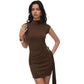 Solid-color Figure-flattering Knit Dress With A Metallic Buckle Featuring A Textured Knit For A Slimming Effect