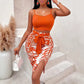 Strap Top Printed Belt Skirt Suit
