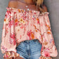 Women's Printed Off-neck Flare Sleeve Tie-neck Shirt