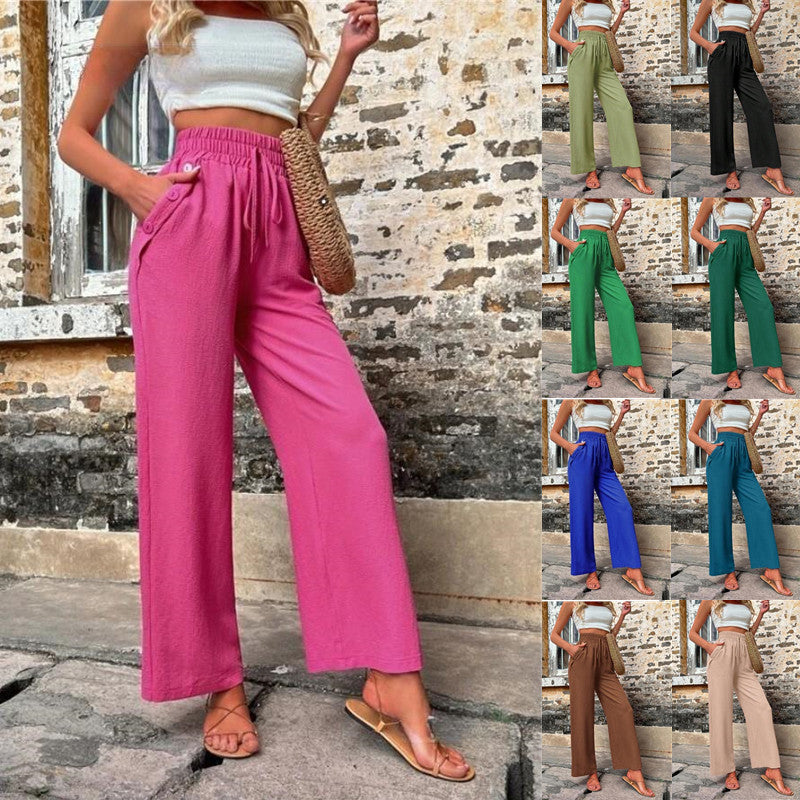 Pantalon décontracté avec poches et cordon élastique, taille haute, ample, pour femme