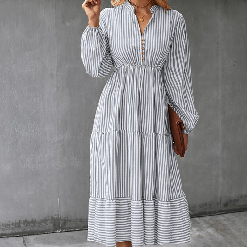 Robe d'automne européenne et américaine à rayures, manches longues, taille élastique