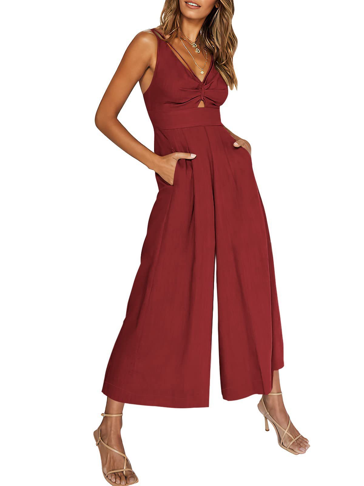 Combinaison d'été à col en V et bretelles ajourées, plissée, taille haute, jambes larges, poches pour femmes