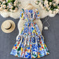 Printed One-line Neck Off-shoulder Bubble Sleeve Slim Mid-length Dress Female