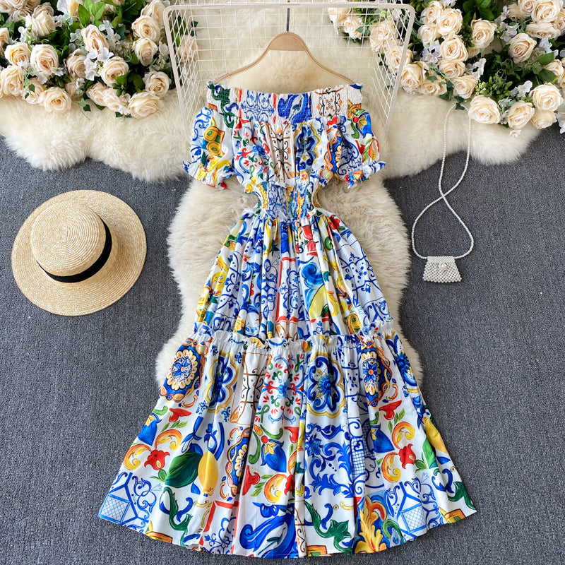 Printed One-line Neck Off-shoulder Bubble Sleeve Slim Mid-length Dress Female