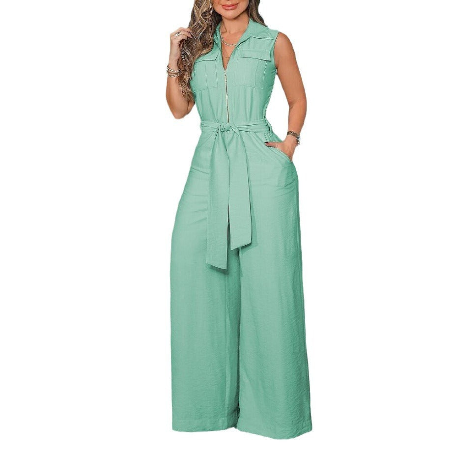 Combinaison élégante à col chemise sans manches, couleur unie, fermeture éclair, bretelles, jambes larges