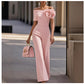 Womens Off-the-Shoulder 3D Floral Patchwork Wide-Leg Jumpsuit