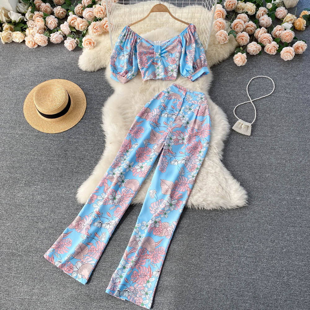 Off Shoulder Puff Sleeve Cropped Top And Printed High Waist Wide Leg Pants Two Piece Set