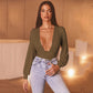Low-cut solid color slim long-sleeved bodysuit