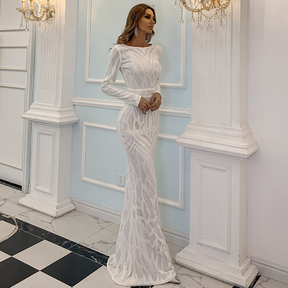 Long Sleeve Round Neck Long Sequins Dress
