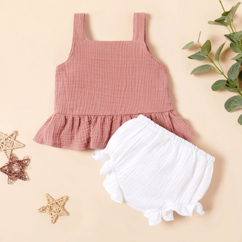 Ensemble deux pièces de bretelles en lin et coton pour enfants