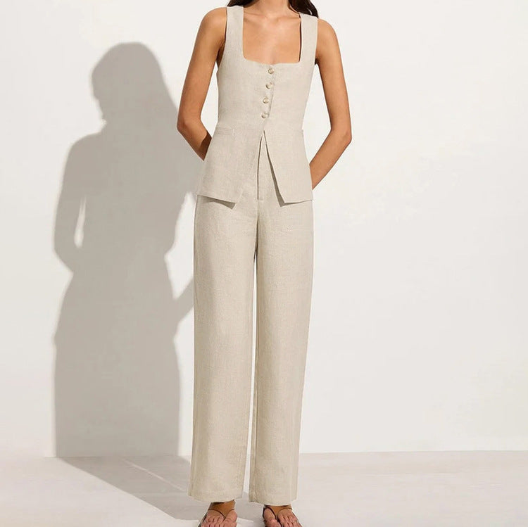 Cotton Linen Commuter Sleeveless Square Collar Lace Up Vest Jacket High Waist Wide Leg Pants Suit