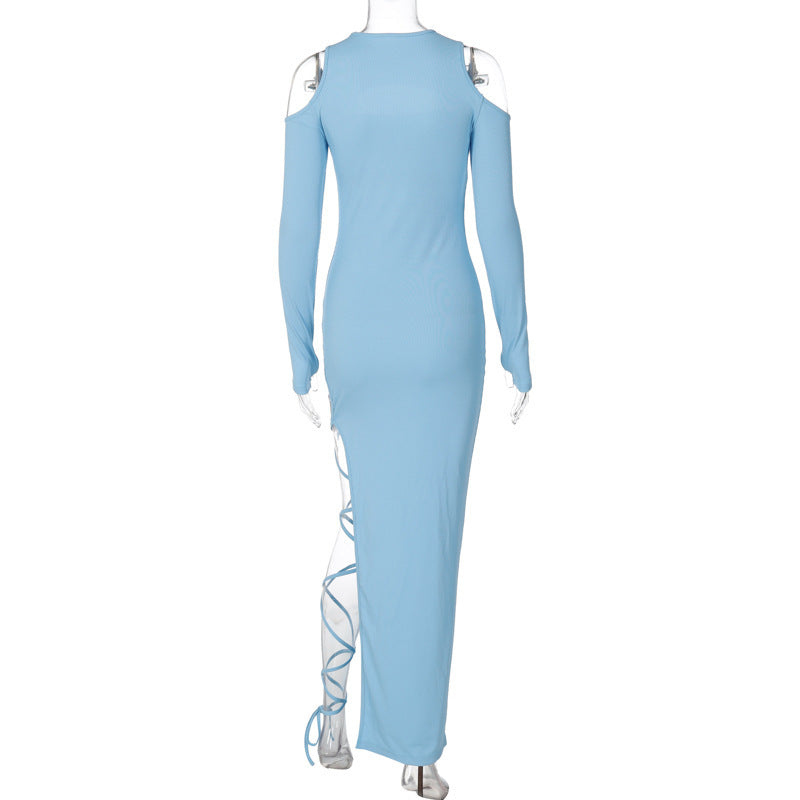 Robe fendue à manches longues et leggings ajourés de couleur unie pour femme