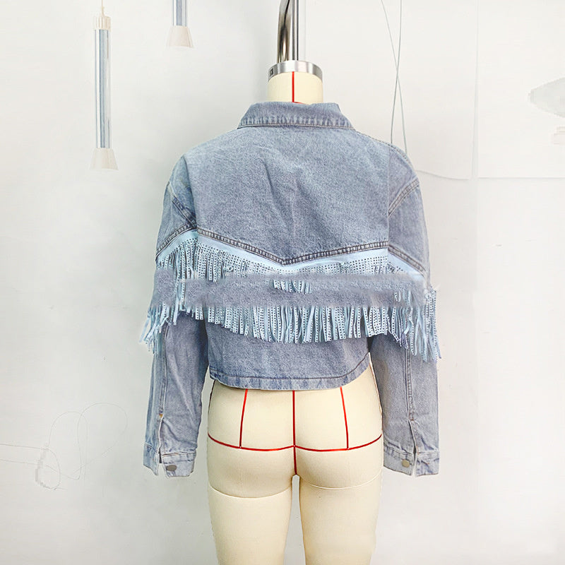 Tassel Denim Coat Short Polo Collar Jacket European And American Style