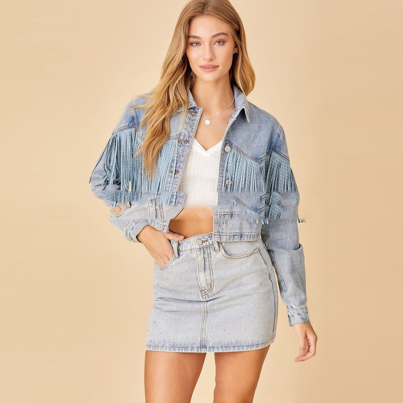 Tassel Denim Coat Short Polo Collar Jacket European And American Style