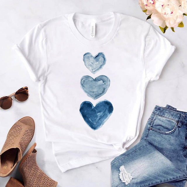 T-shirt à manches courtes et col rond pour femme, imprimé floral en forme de cœur