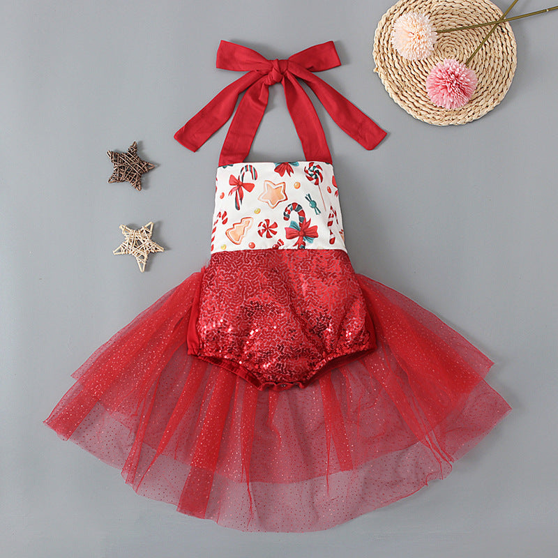 Summer Christmas Sleeveless Halter Sequin Gauze Jumpsuit