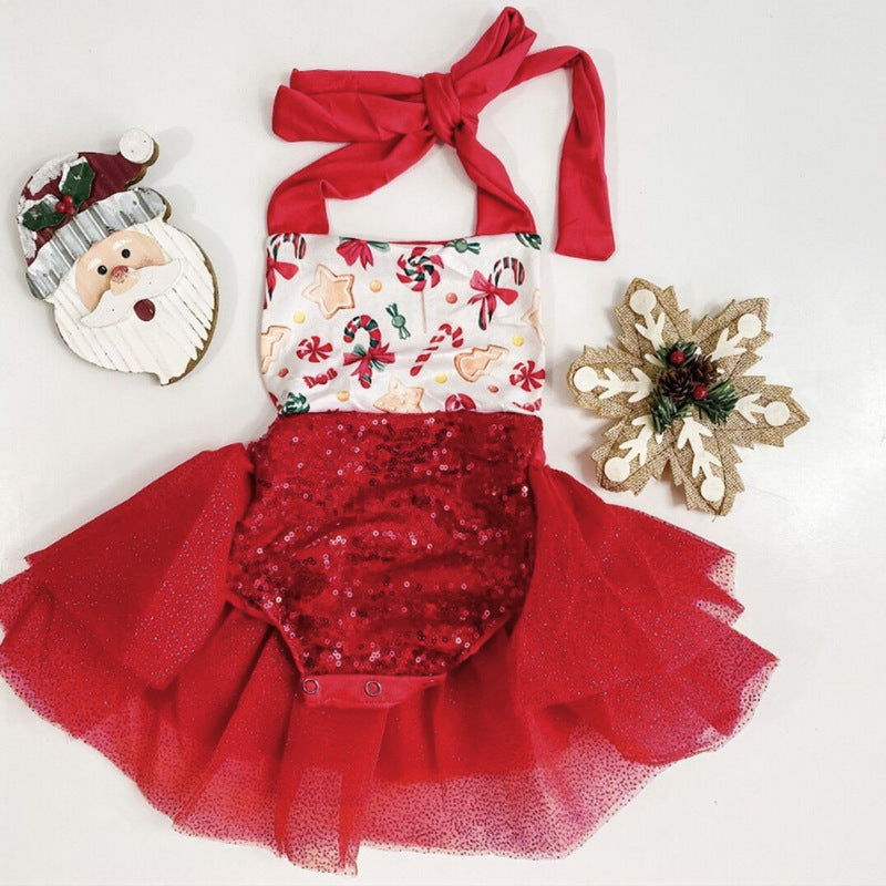 Summer Christmas Sleeveless Halter Sequin Gauze Jumpsuit