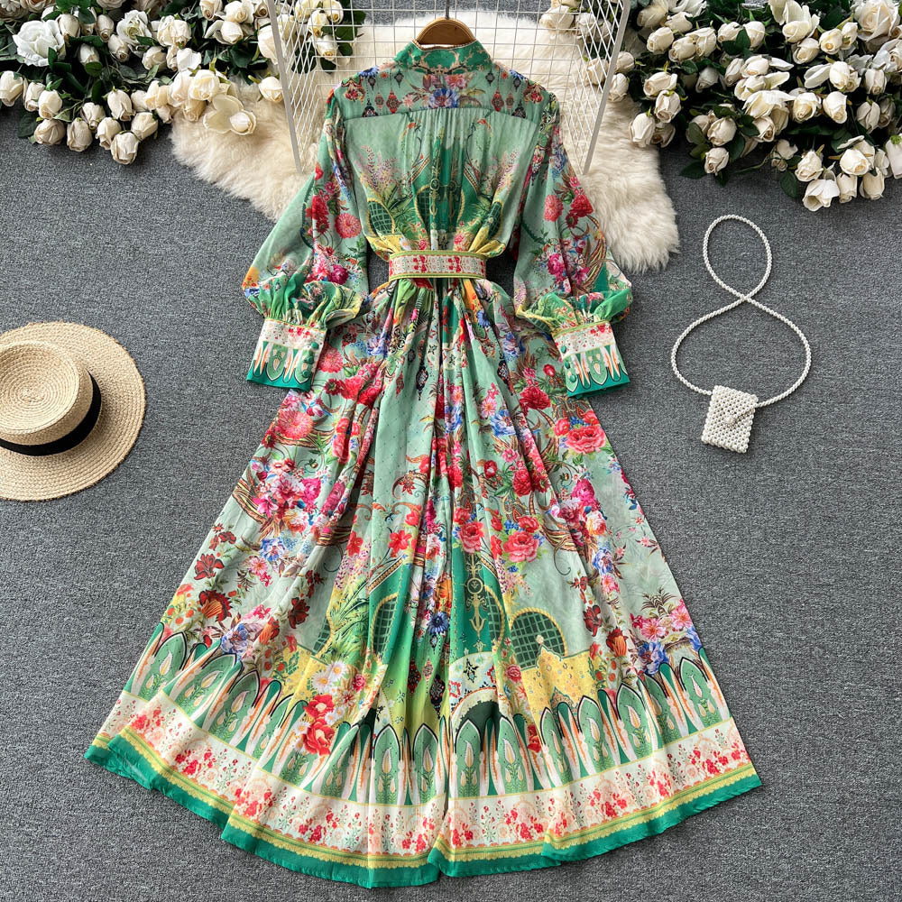 Women's Fashionable Retro Stand Collar Temperament Shirt Lantern Sleeve Dress