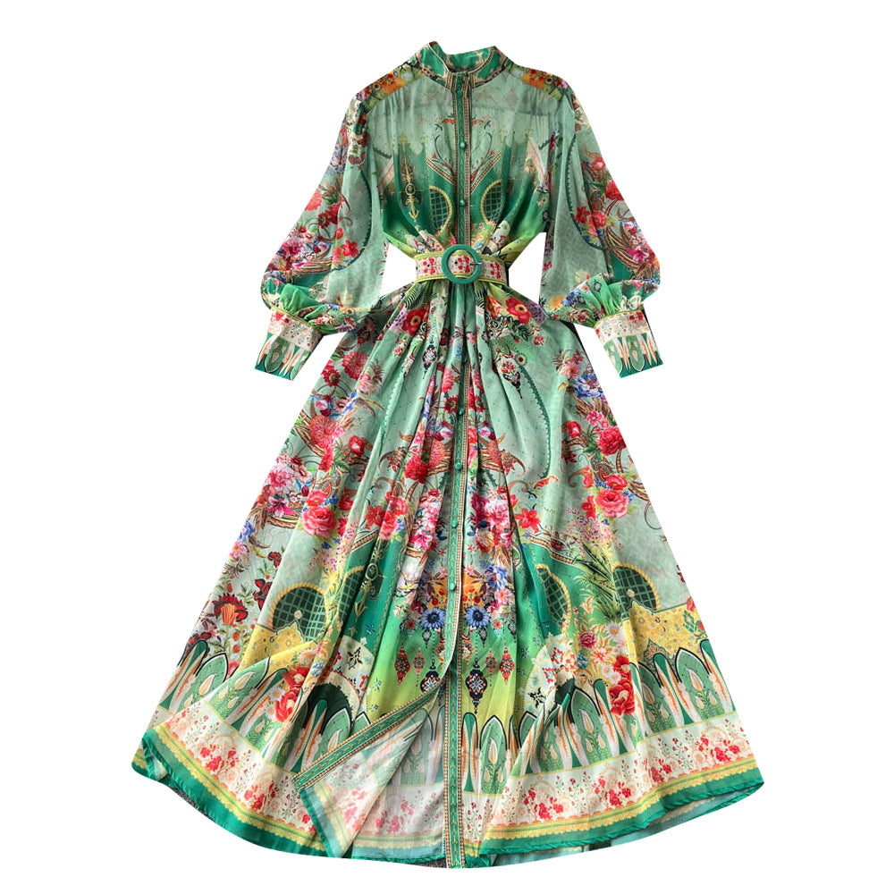 Women's Fashionable Retro Stand Collar Temperament Shirt Lantern Sleeve Dress