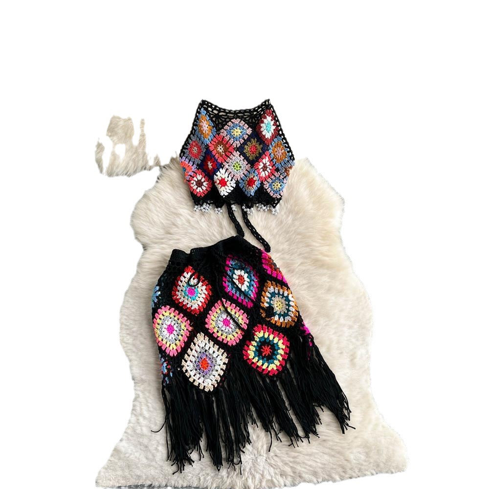 Ensemble deux pièces haut tube et jupe courte style bohème tricoté et crocheté