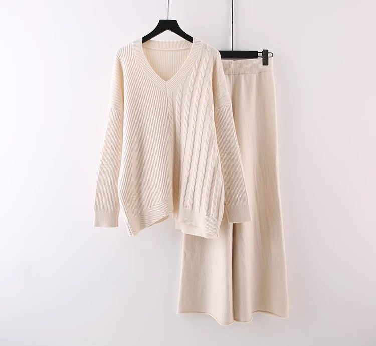 Pull uni à col en V, nouvelle collection automne-hiver, ample, décontracté, tricoté, pantalon large assorti, costume deux pièces