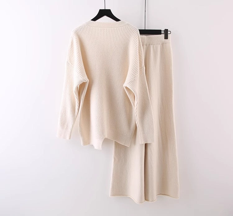 Pull uni à col en V, nouvelle collection automne-hiver, ample, décontracté, tricoté, pantalon large assorti, costume deux pièces