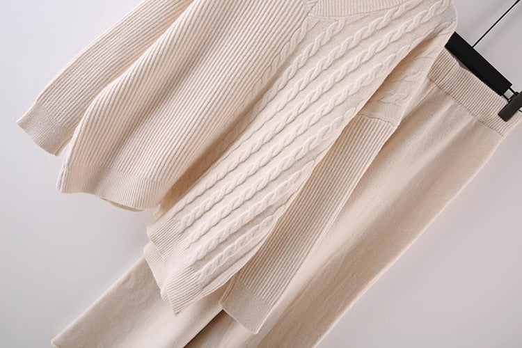 Pull uni à col en V, nouvelle collection automne-hiver, ample, décontracté, tricoté, pantalon large assorti, costume deux pièces