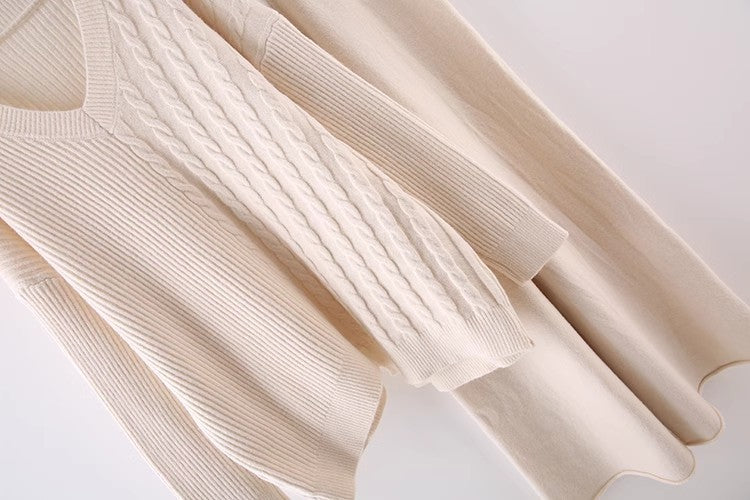 Pull uni à col en V, nouvelle collection automne-hiver, ample, décontracté, tricoté, pantalon large assorti, costume deux pièces