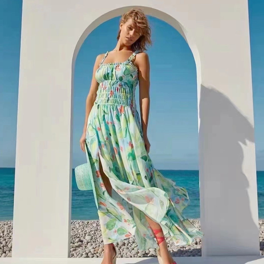 Robe longue sans bretelles à imprimé tendance pour les fêtes