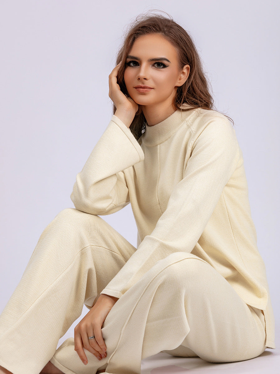 Pull-over de couleur unie, pantalon large en tricot fendu en deux pièces
