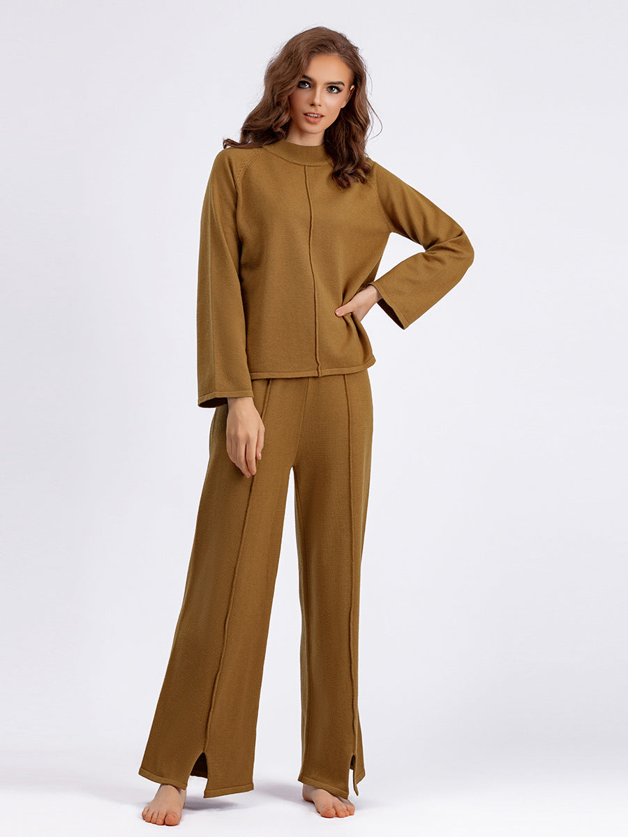 Pull-over de couleur unie, pantalon large en tricot fendu en deux pièces