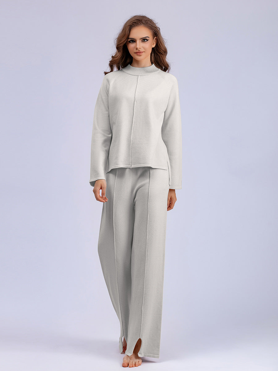 Pull-over de couleur unie, pantalon large en tricot fendu en deux pièces