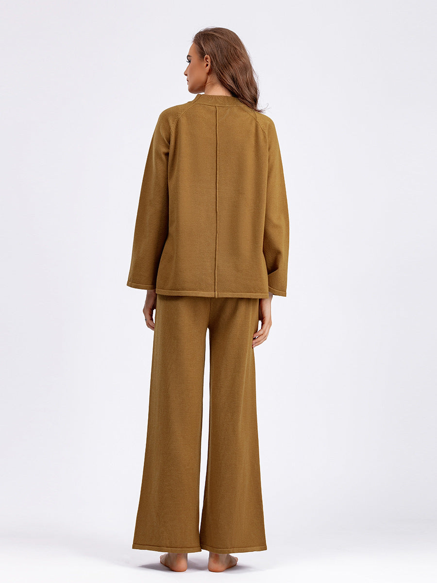 Pull-over de couleur unie, pantalon large en tricot fendu en deux pièces