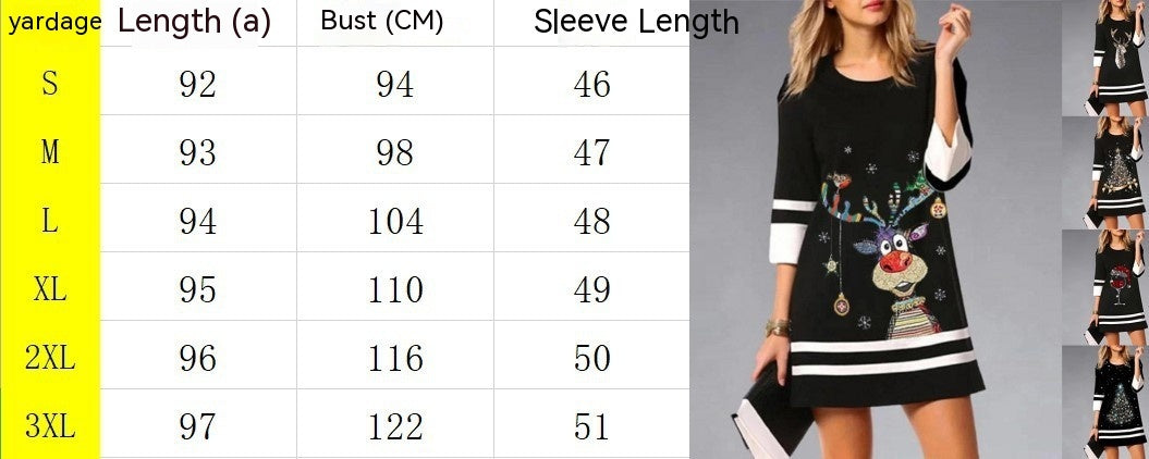 New Women's Christmas Print 34 Sleeve Crew Neck Casual Dress