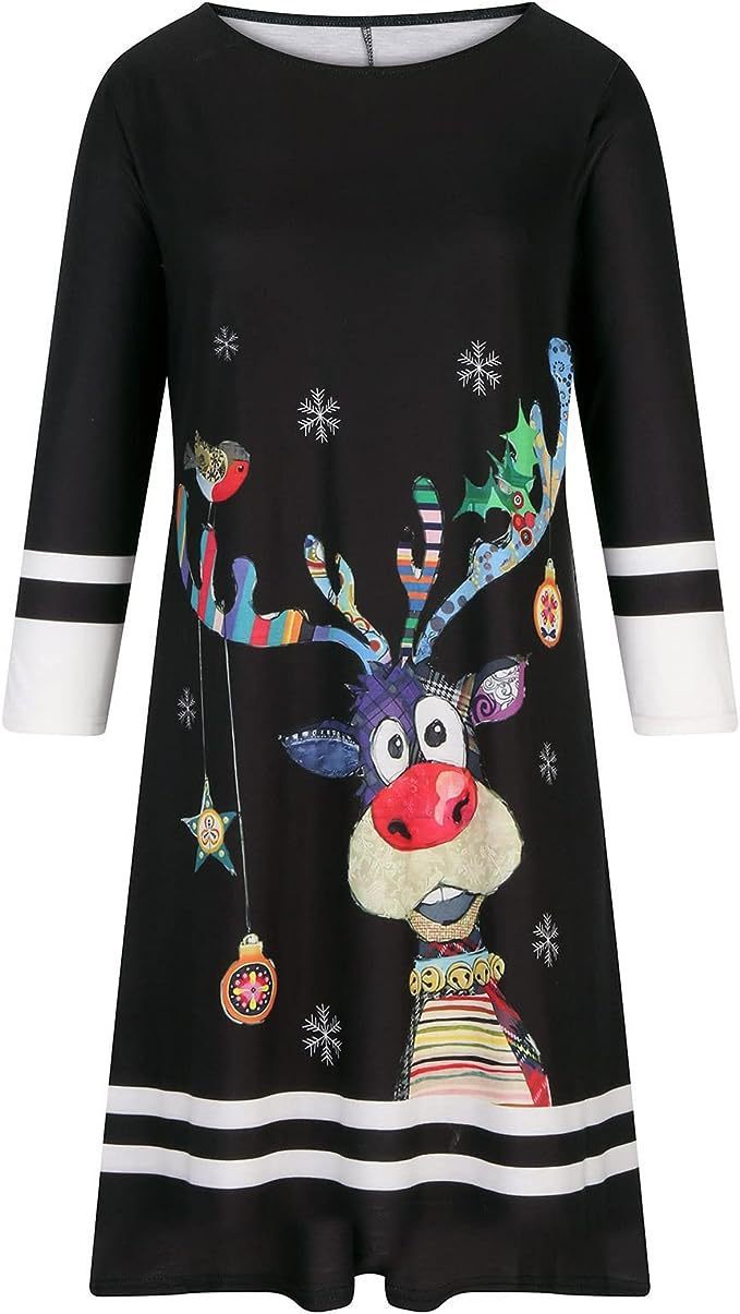 New Women's Christmas Print 34 Sleeve Crew Neck Casual Dress