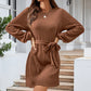 European And American Belt Long Sleeve Twist Knitted Dress Puff Sleeve