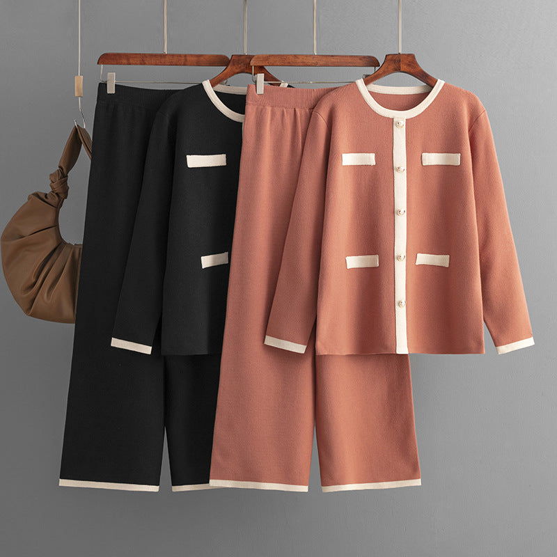 Ensemble deux pièces pantalon large tricoté style classique