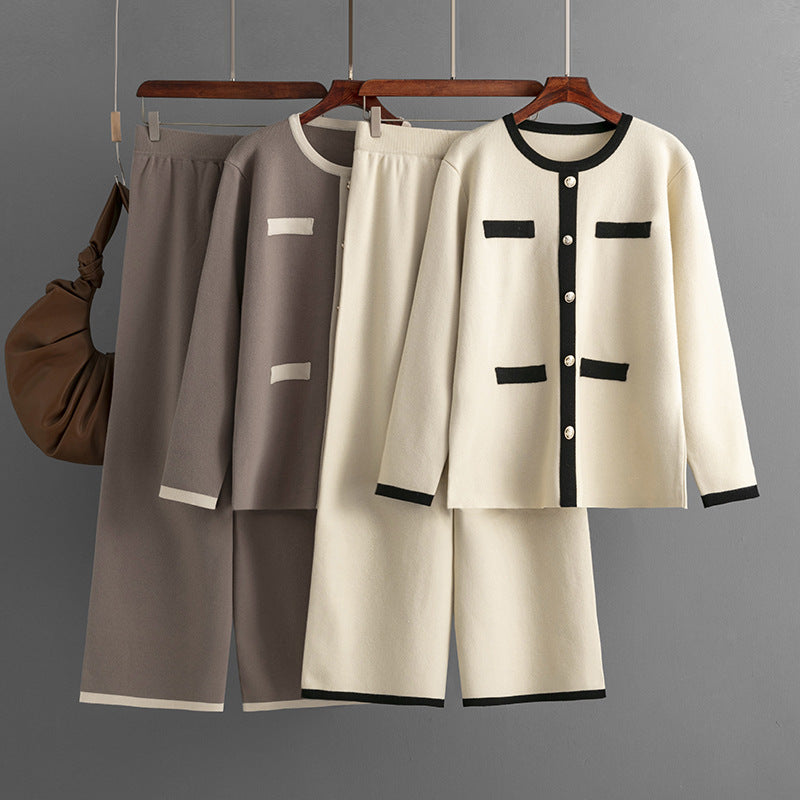 Ensemble deux pièces pantalon large tricoté style classique