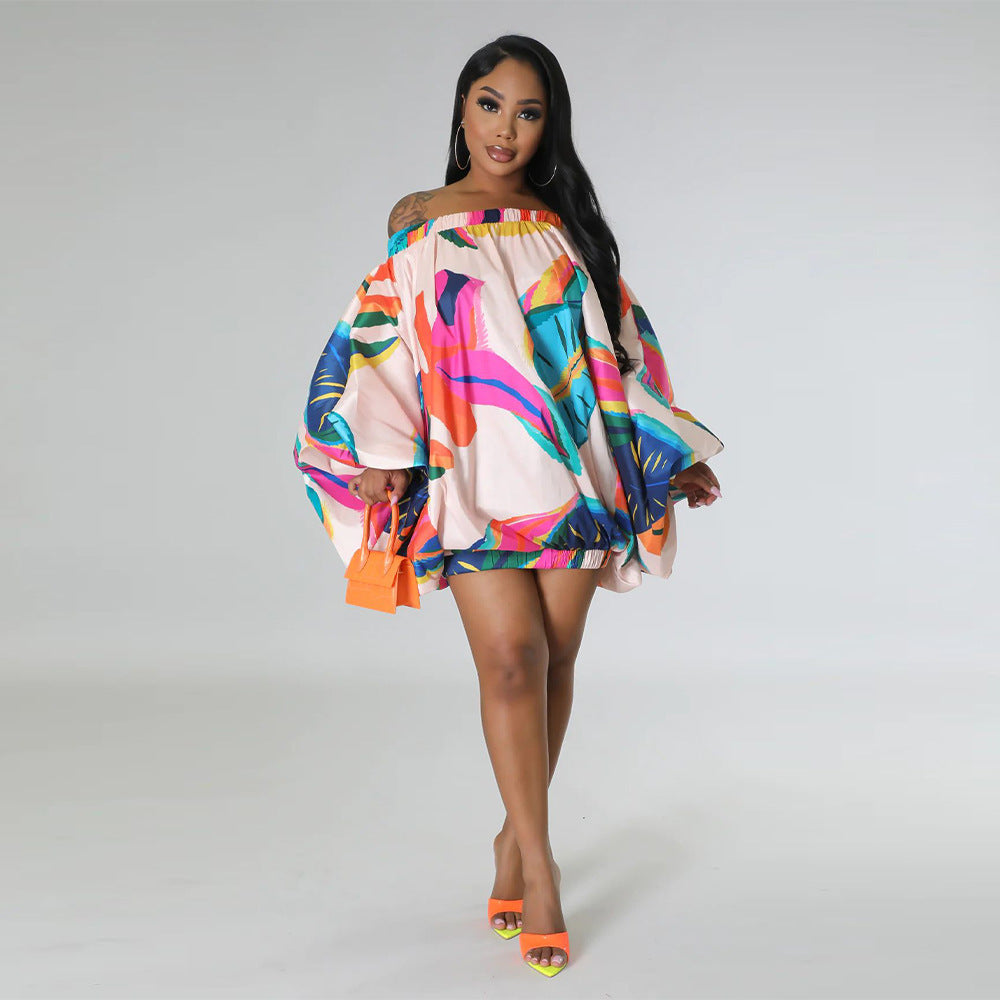 Robe courte imprimée à épaules dénudées et manches chauve-souris en polyester pour femme