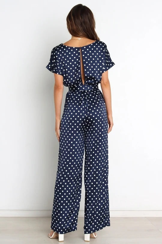 Combinaison moulante à lacets et col rond pour femme, manches courtes, imprimé pois